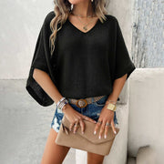 V-Neck Bat Sleeve T-shirt in black with relaxed fit and casual style.