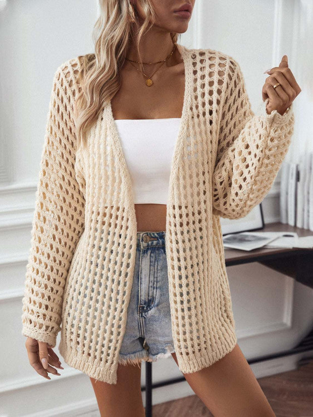 Open Front Openwork Cardigan in beige, featuring long sleeves and openwork design for stylish layering.