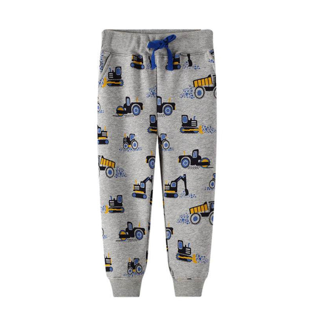 Boys spring and autumn pants with truck pattern, adjustable waistband.