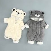 Cozy baby cotton onesies with bear design in beige and gray, perfect for infants.
