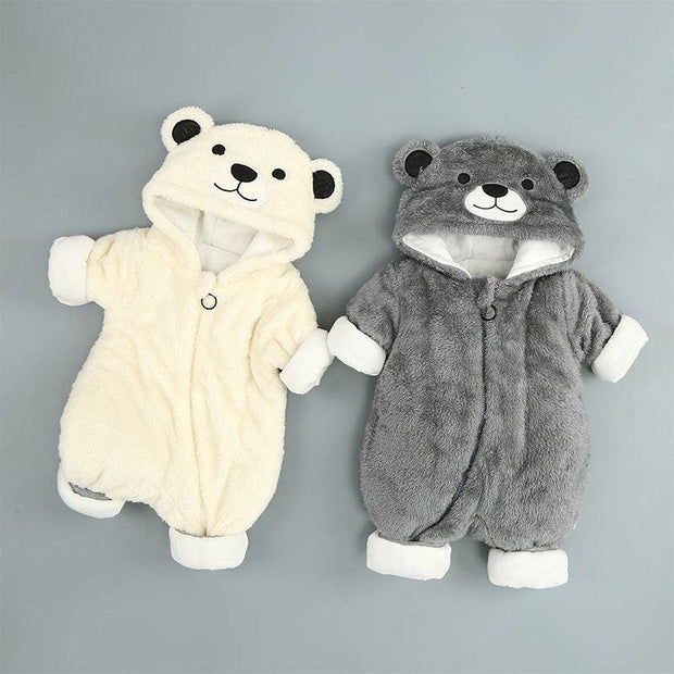 Cozy baby cotton onesies with bear design in beige and gray, perfect for infants.