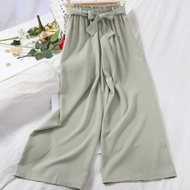 Elastic Waist Casual Pants in light green, wide-leg design, with bow detail and adjustable waistband for comfort.