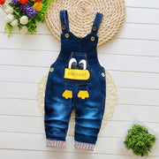 Children overalls with cartoon penguin design, adjustable straps, and multicolored cuffs, ideal for winter wear.