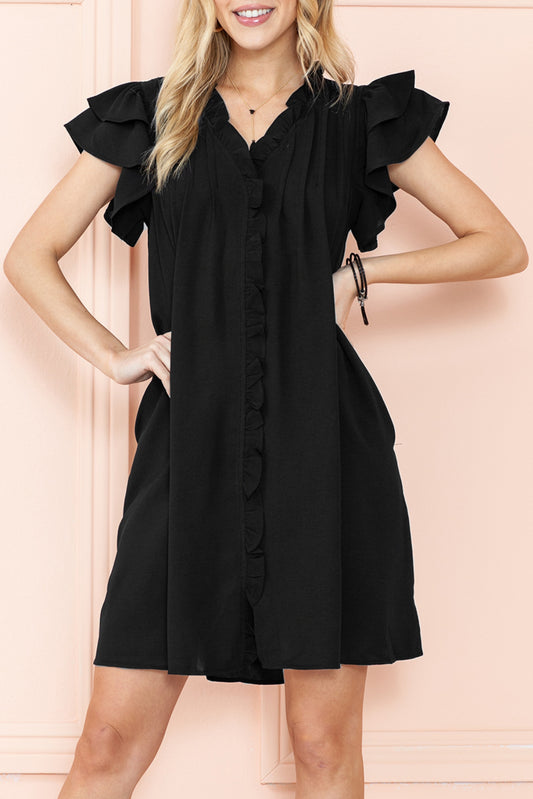 Black Ruffle Sleeve Shift Dress