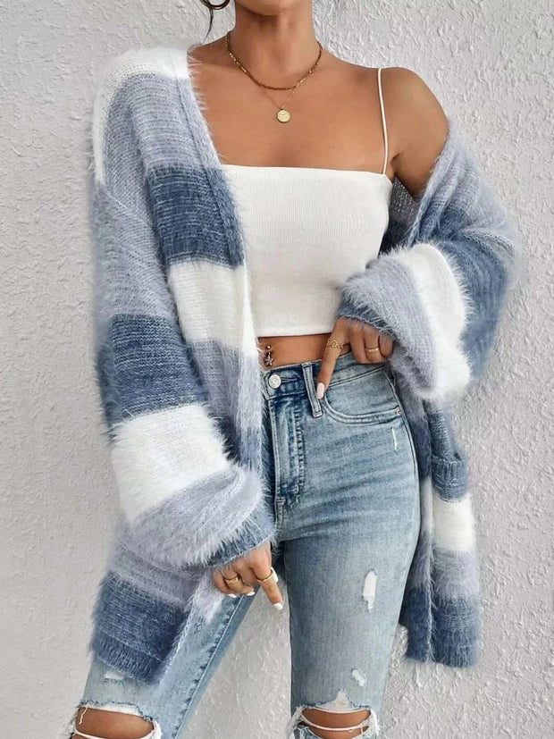 Open Front Striped Knit Cardigan in soft blue and white stripes, worn over casual crop top and jeans.