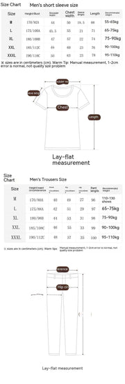 Size chart for men's short sleeve top and trousers in the Two Piece Home Wear Suit collection.