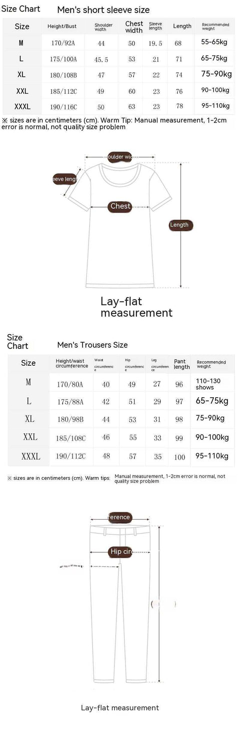 Size chart for men's short sleeve top and trousers in the Two Piece Home Wear Suit collection.