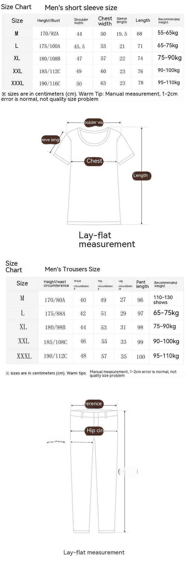 Size chart for men's short sleeve top and trousers in the Two Piece Home Wear Suit collection.