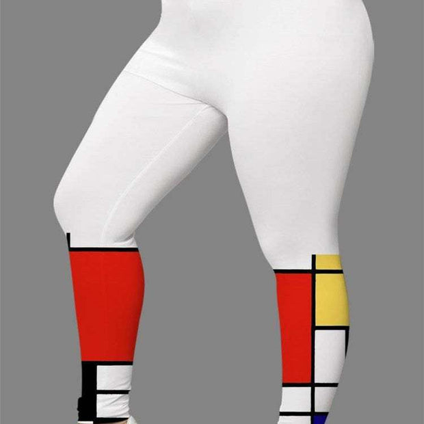 Women's 3D digital print leggings with colorful geometric design, showcasing vibrant patterns on stretchy fabric.