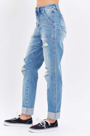 Judy Blue distressed straight jeans with trendy rips on a model.