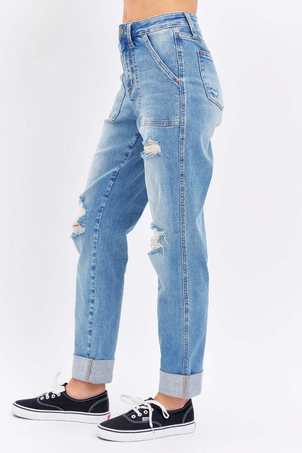 Judy Blue distressed straight jeans with trendy rips on a model.
