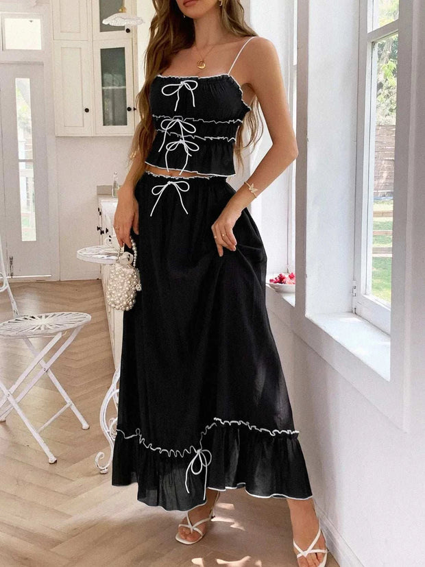 Chic black Frill Square Neck Cami and Skirt Set with delicate ties and frills.
