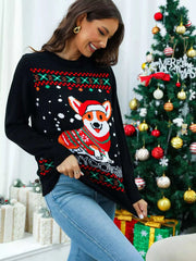Woman wearing black Christmas round neck sweater with festive Corgi design near decorated Christmas tree