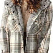 Plaid hooded fleece-lined jacket with classic checkered pattern, soft plush lining, button closures, and front flap pockets for warmth and style.
