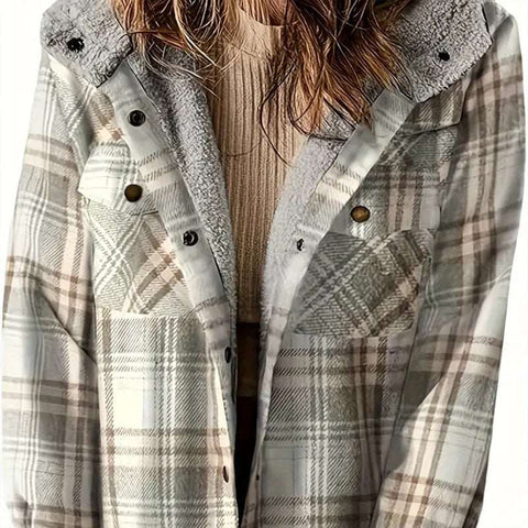 Plaid hooded fleece-lined jacket with classic checkered pattern, soft plush lining, button closures, and front flap pockets for warmth and style.