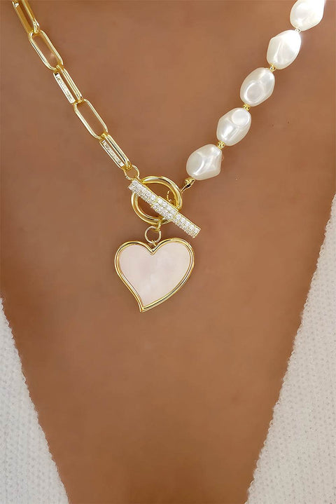 Gold Heart Rhinestone Pearl Necklace with heart pendant, rhinestones, and pearls.