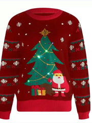 Red Christmas Tree Santa round neck sweater with LED lights and festive patterns
