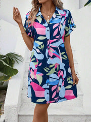 Floral Print Short Sleeve Shirt Dress with vibrant colors, button-down front, and relaxed fit.