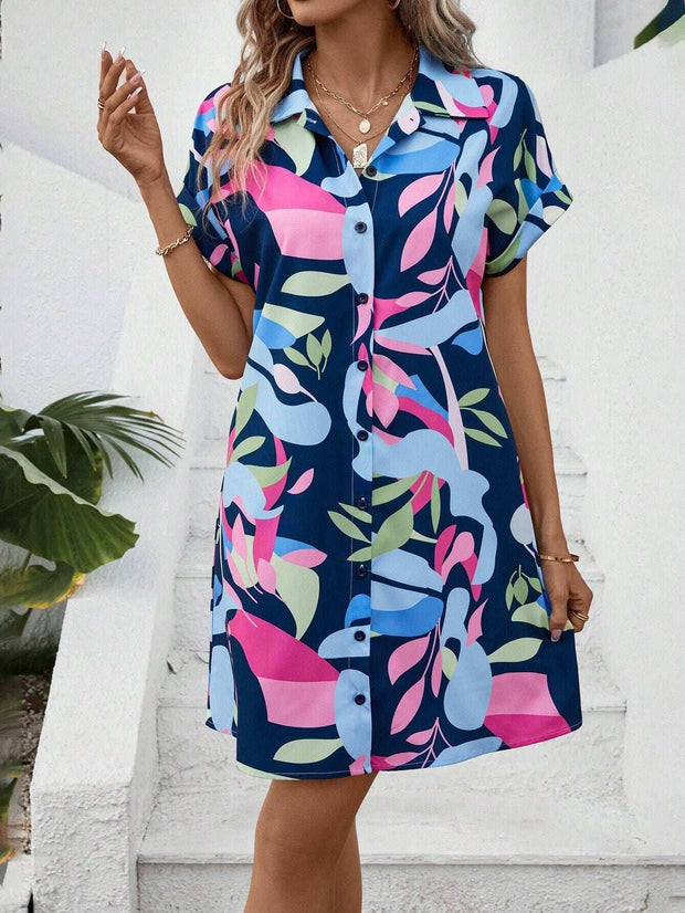 Floral Print Short Sleeve Shirt Dress with vibrant colors, button-down front, and relaxed fit.