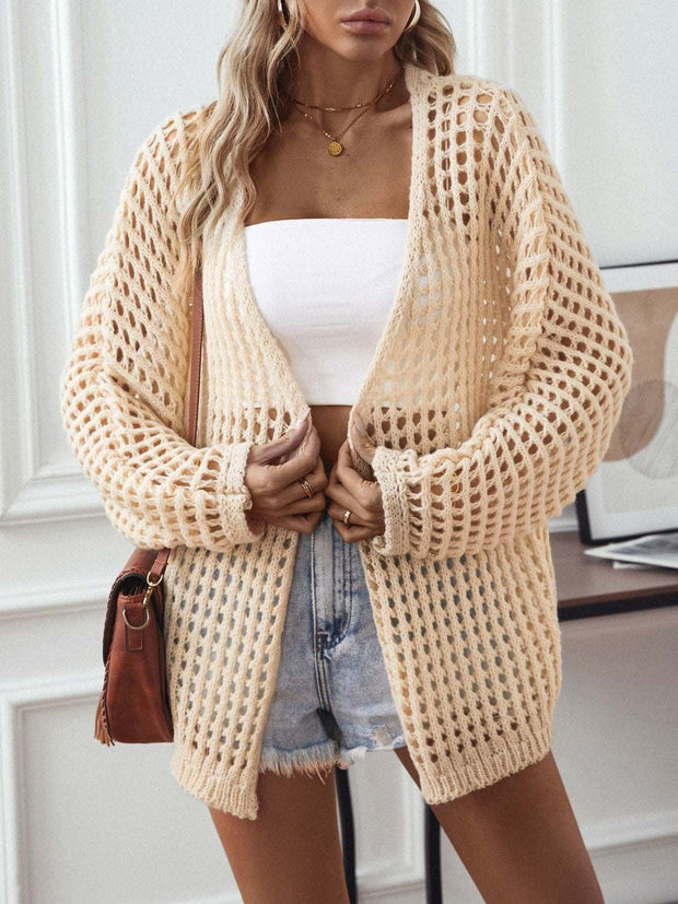Open front openwork cardigan with long sleeves, lightweight breathable knit, ideal for layering and casual wear.