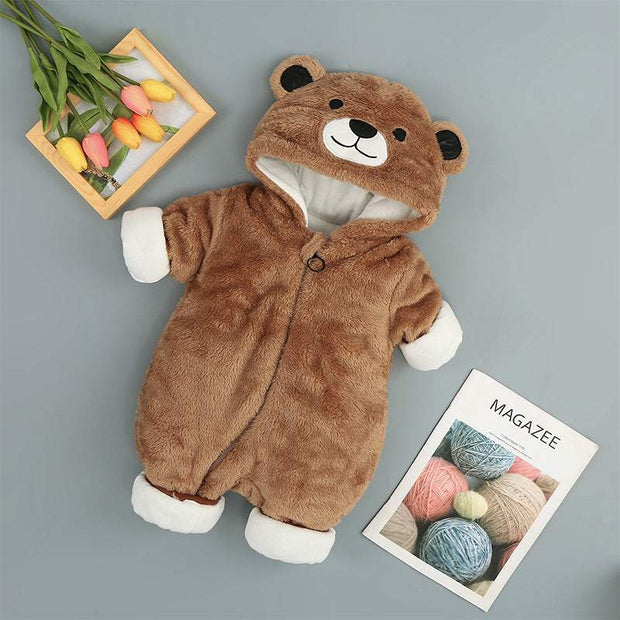 Baby cotton onesie in bear design with hood, brown color, cozy and warm.