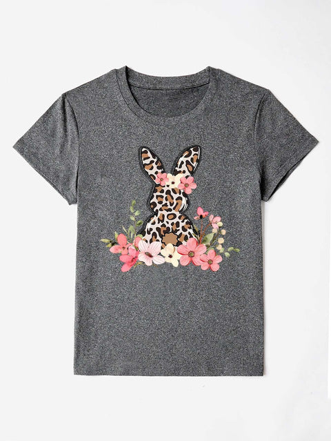 Round Neck Rabbit Tee with whimsical rabbit graphic and floral design, perfect for casual wear.