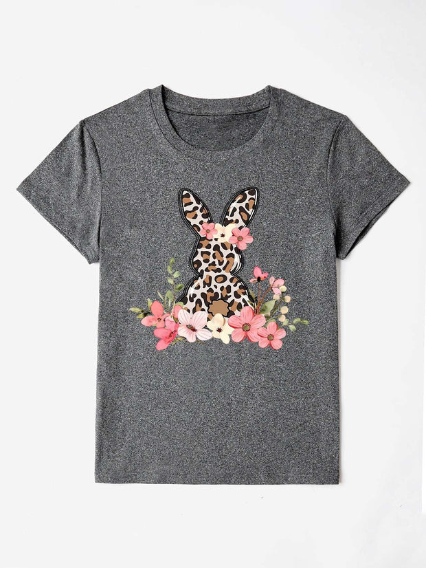Round Neck Rabbit Tee with whimsical rabbit graphic and floral design, perfect for casual wear.