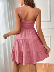 Square-Collar Pleated Summer Dress in pink showcasing back pleated design and adjustable straps for a chic summer look.