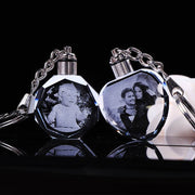 Crystal keychain with custom photo etching and elegant design.