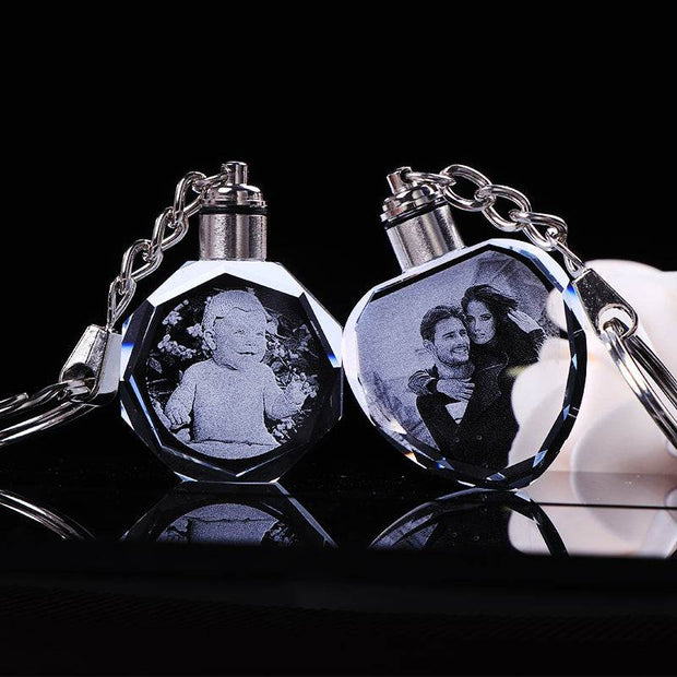 Crystal keychain with custom photo etching and elegant design.