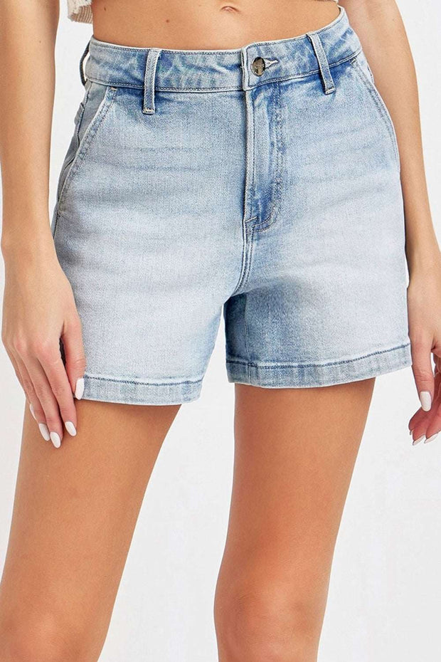 RISEN Denim Shorts, classic style with mid-rise waist, light wash, and functional pockets for summer fashion.