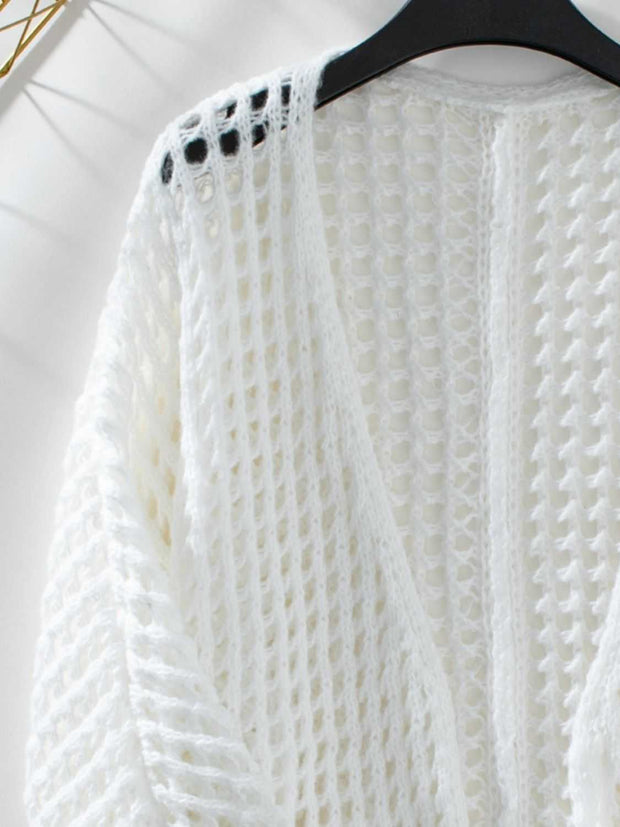 Open Front Openwork Cardigan with intricate knit design on hanger.