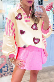 Pink Sequin Heart Collared Top with playful sequin heart design and vibrant pink color.
