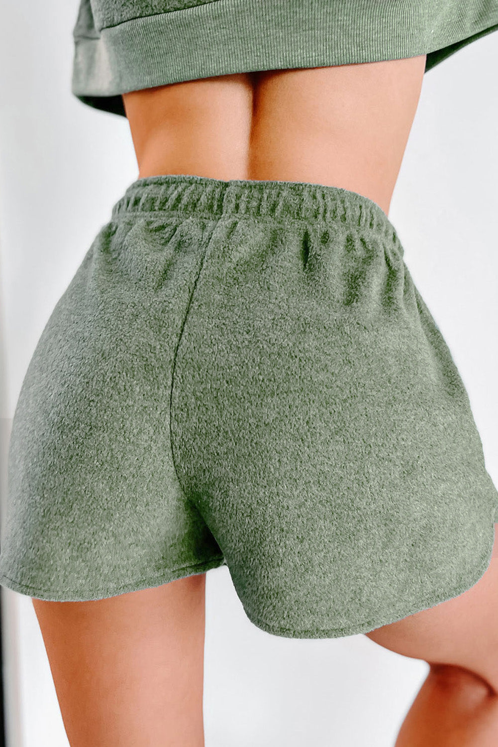 Green Fleece Two-Piece Cropped Pullover & Shorts Set