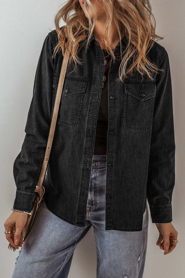 Denim Button-Up Jacket with chest pockets, worn over jeans.
