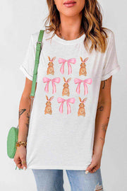 White Rabbit T-Shirt with pink bow graphic, polyester-cotton blend, casual crew neck style.