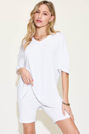 V-neck T-shirt and shorts set in white, casual chic outfit for comfort and style.
