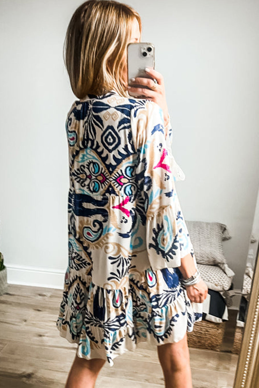 White Boho Print Mini Dress