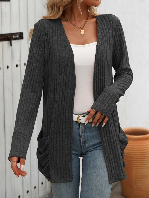 Open-Front Ribbed Cardigan in charcoal with long sleeves and elegant ribbed texture.