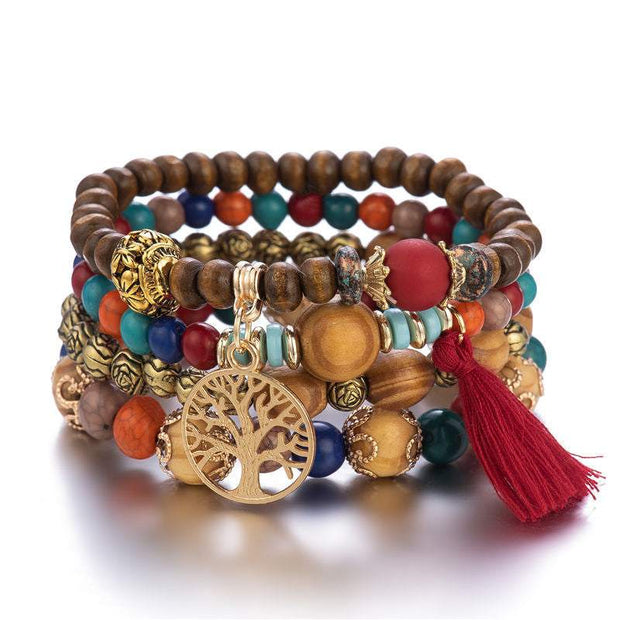 Boho Wooden Stretch Bracelet with colorful beads and tree charm.