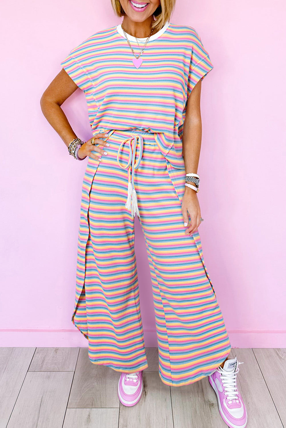 Rainbow Stripe Tee & Wide Leg Pants Set