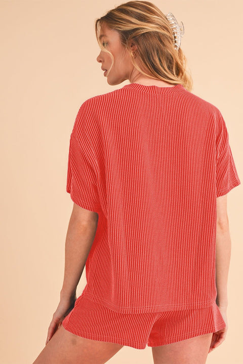 Orange ribbed tee and shorts set for casual wear.