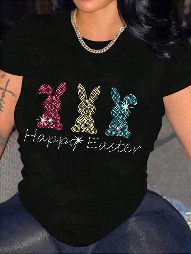 Easter Round Neck T-Shirt with festive bunny graphic and "Happy Easter" text.