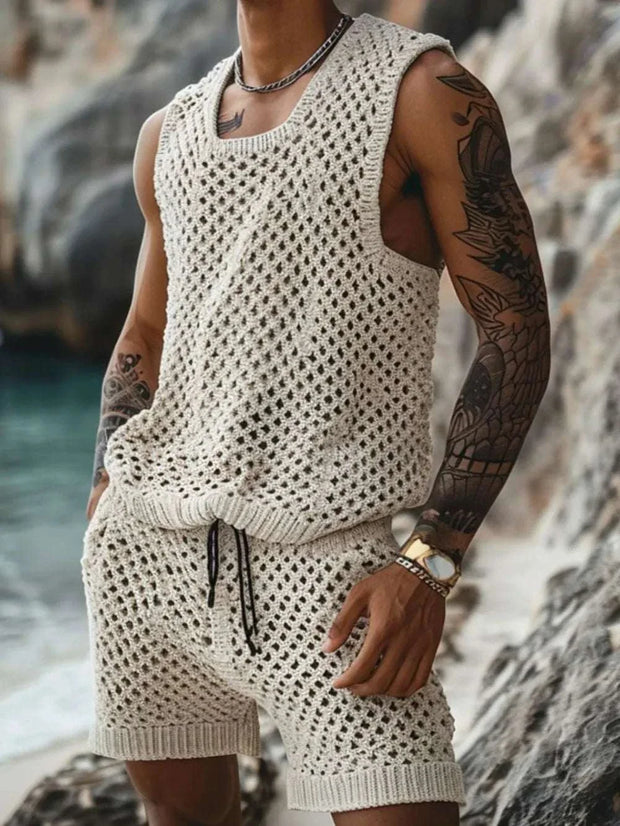 Plus size hollowed out tank and shorts set in breathable fabric, ideal for warm weather style.
