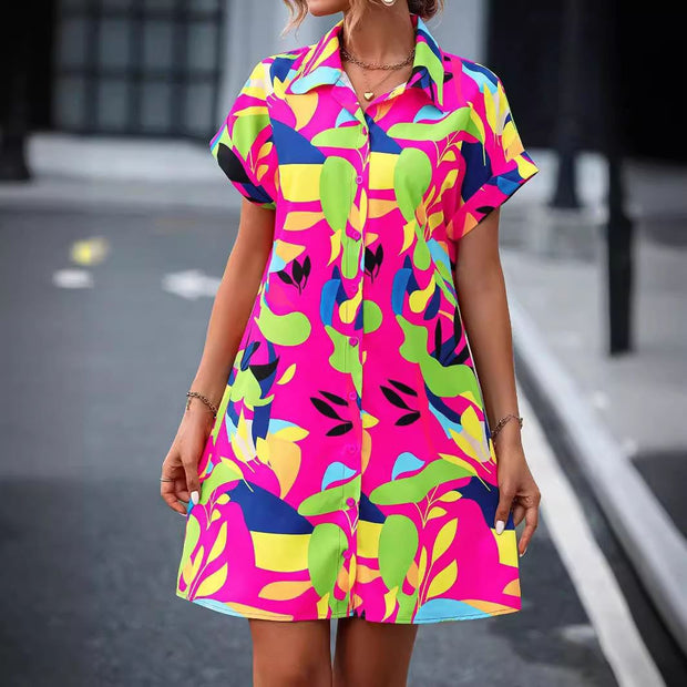 Floral Print Short Sleeve Shirt Dress with vibrant colors, perfect for summer outings.