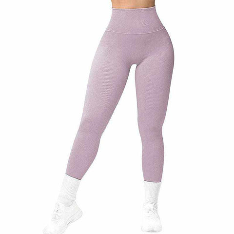 Breathable Yoga Suit in lavender color showcasing high-waist leggings for comfort and flexibility.