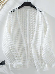 Open Front Openwork Cardigan in white with intricate knit pattern, lightweight and versatile for layering.