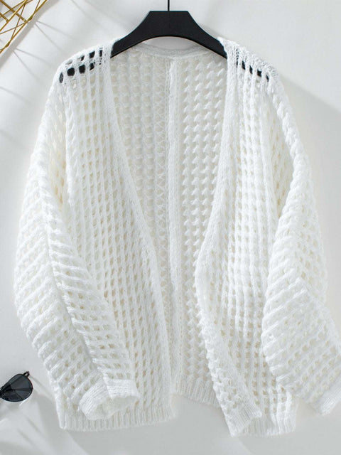 Open Front Openwork Cardigan in white with intricate knit pattern, lightweight and versatile for layering.