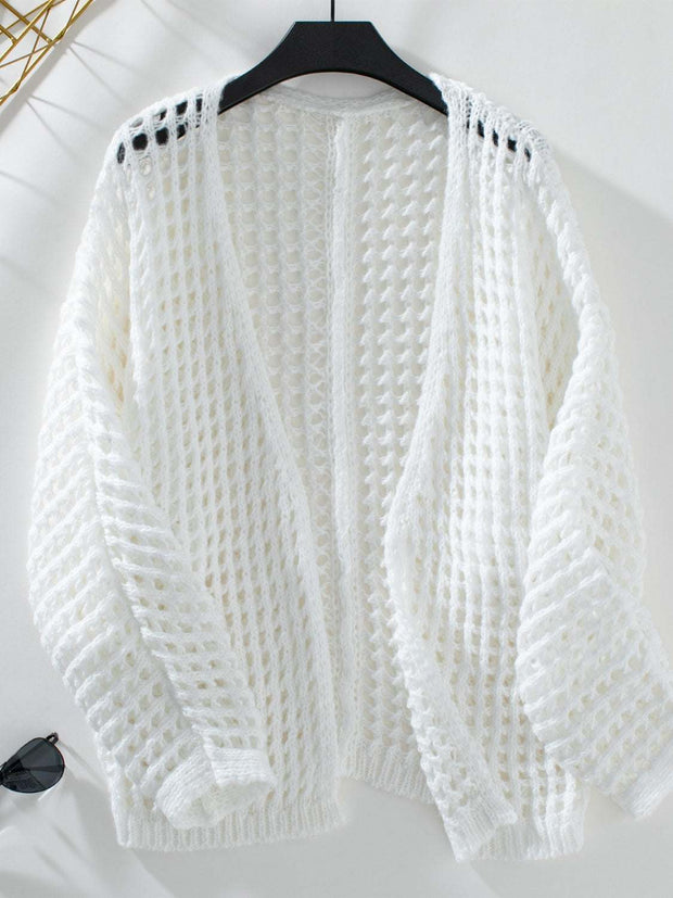 Open Front Openwork Cardigan in white with intricate knit pattern, lightweight and versatile for layering.