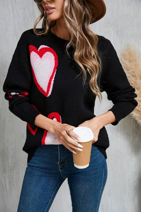Angel Wings Heart Round Neck Sweater with heart and wings graphic, long sleeves, black base, and cozy fit.